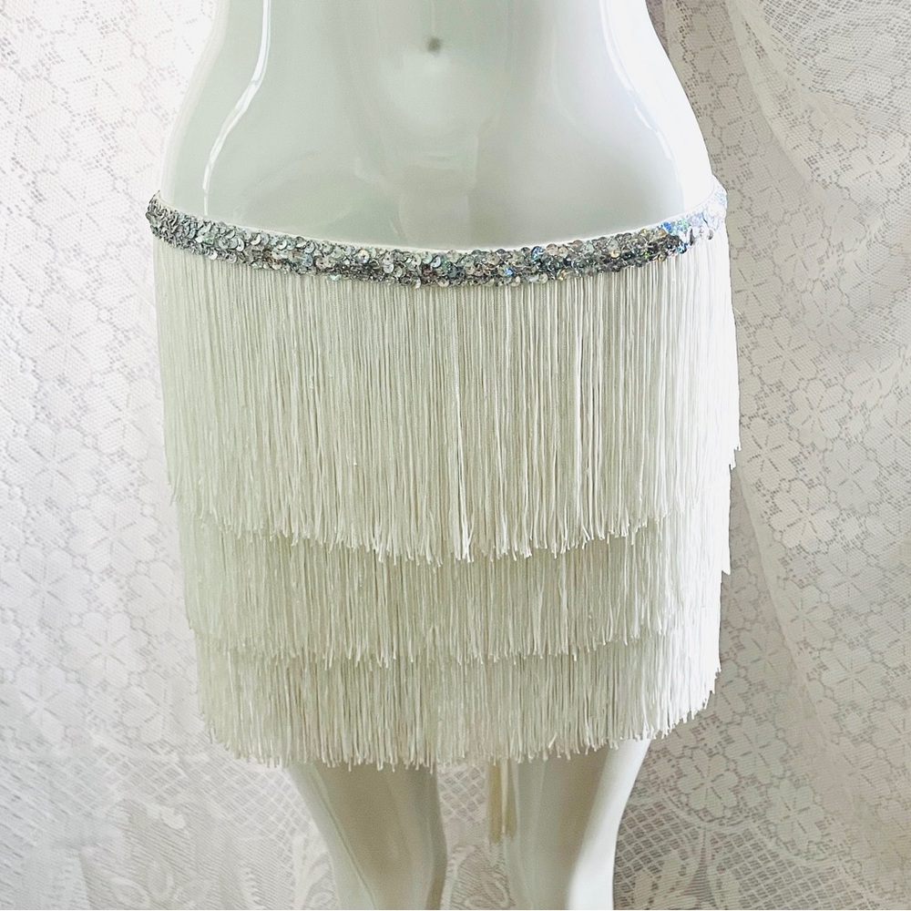 Sequin Waist White Fringe Tie Skirt